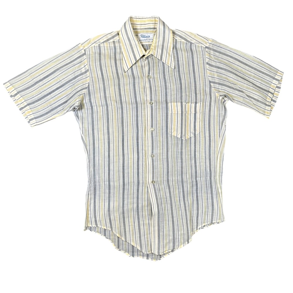 Vintage Filenes Boston Striped Short Sleeve Button Down Shirt Yellow Grey Mens